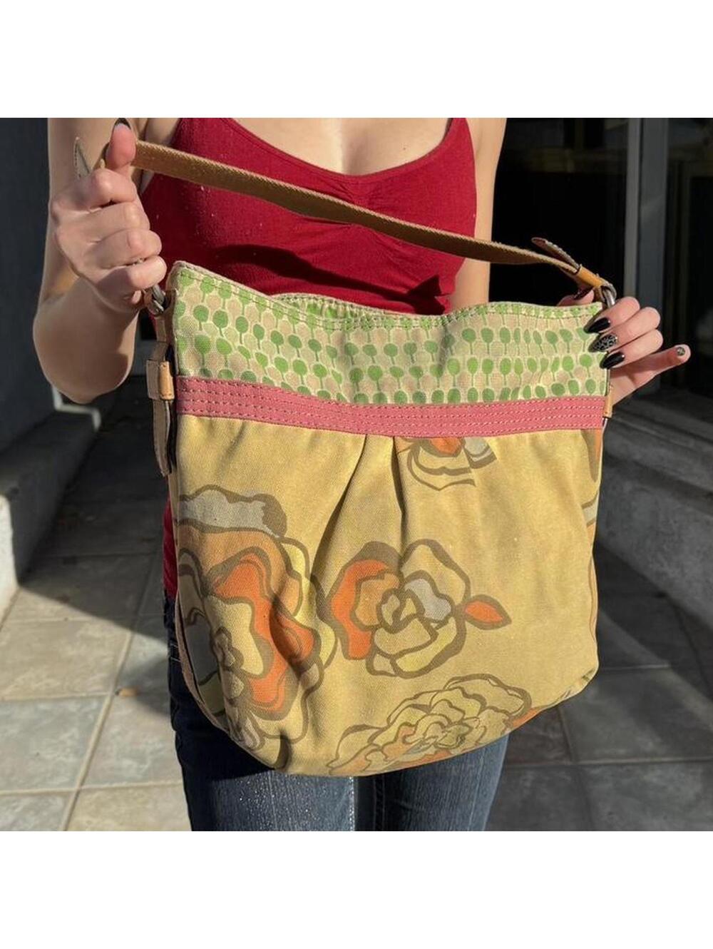Fossil Floral Canvas Shoulder Bag Leather Trim Y2K Boho Crossbody